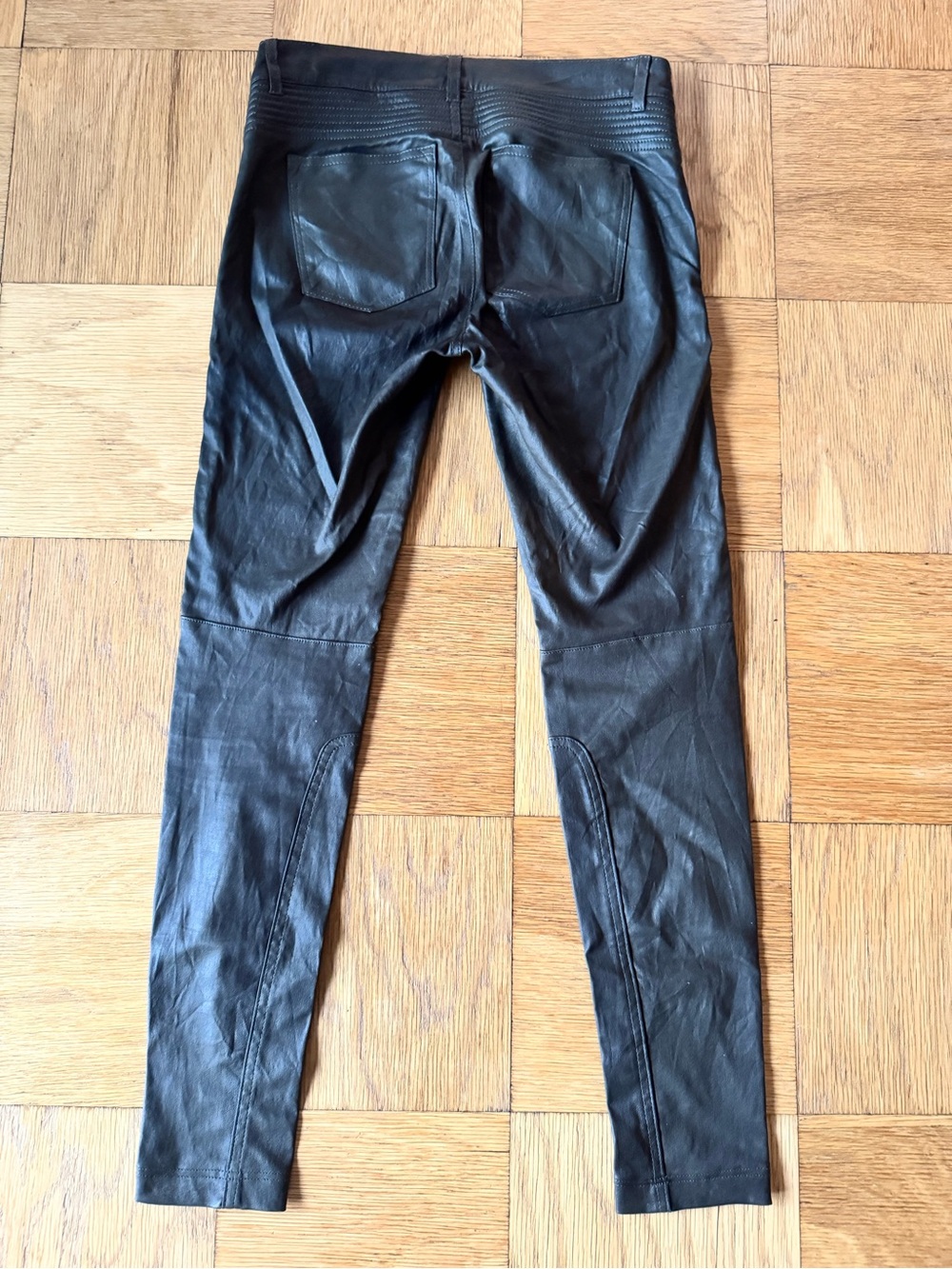 Vince Leather Moto Pants Olive Green Skinny Size 4 Bergdorf Goodman - Picture 2 of 11